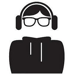 Black and white silhouette illustration of a person with headphones, glasses, and a hoodie.